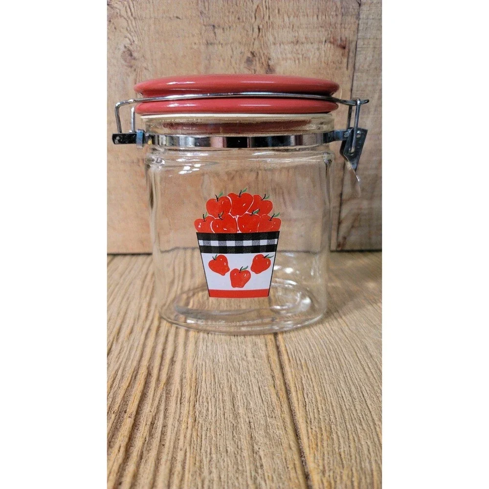 Canning Canister Oval Glass Jar Red Flip Top Wire Clasp Vintage 6.5 Inches Tall